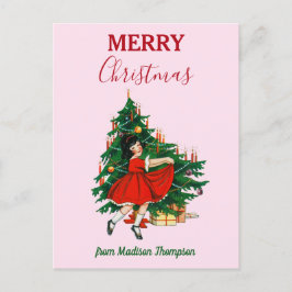 Cartão Postal De Festividades Nome Personalizado Retro Christmas Girl Tree Rosa