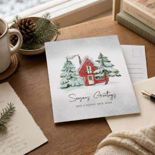 Cartão Postal De Festividades Nórdico Red Barn Snowflakes Pine Forest Natal