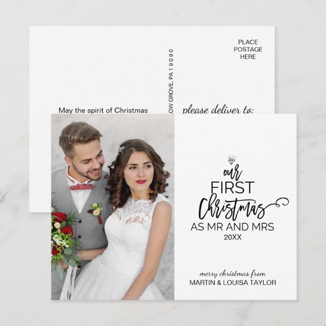 Cartão Postal De Festividades Nosso Primeiro Natal como Sr. e Sra. Photo (Frente/Verso)