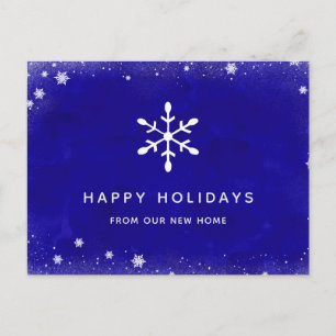 Cartão Postal De Festividades Novo endereço no Natal Blue Watercolor e Snow