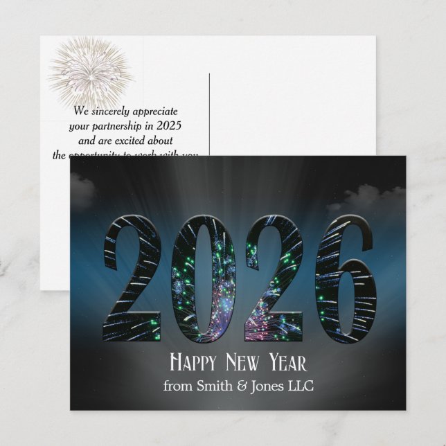 Cartão Postal De Festividades Novos fogos de artifício e nuvens do ano 2026 (Frente/Verso)