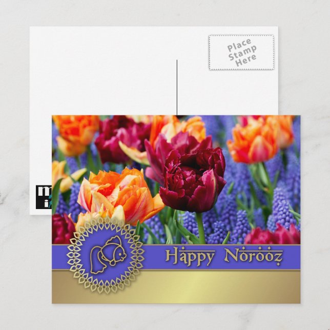 Cartão Postal De Festividades Nowruz Mubarak. Tulipas da Primavera Ano Novo Pers (Frente/Verso)