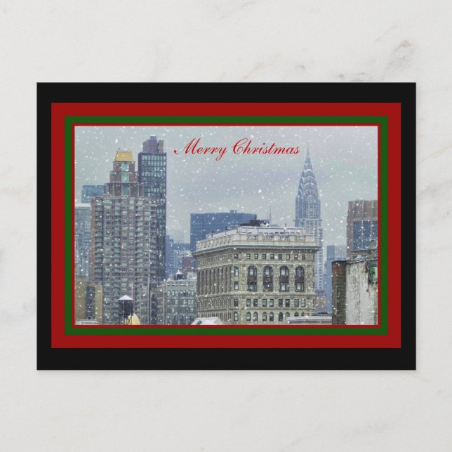 Cartão Postal De Festividades NYC Skyline Chrysler Bldg, Flatiron Snow Christmas (Frente)