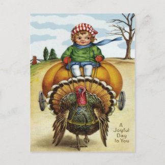 Cartão Postal De Festividades O Garoto Turco de Ação de Graças Andando Pumpkin
