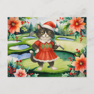 Cartão Postal De Festividades O Natal do Golf temia para a Mulher Gato Golfer