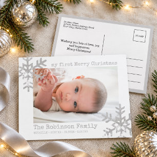 Cartão Postal De Festividades O Primeiro Natal da Minha Bebê Foto Floco de Neve