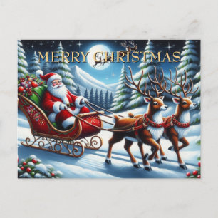 Cartão Postal De Festividades O trenó do Papai Noel através da floresta nevada n