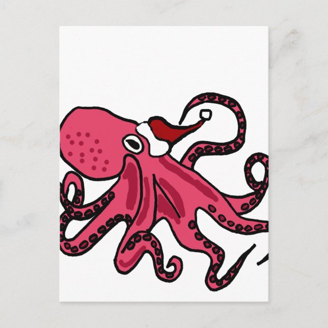 Cartão Postal De Festividades Octopus engraçado na arte natalícia do Papai Noel (Frente)