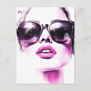 Cartão Postal De Festividades Óculos de Sol Femininos de Moda em Aquarela Rosa C