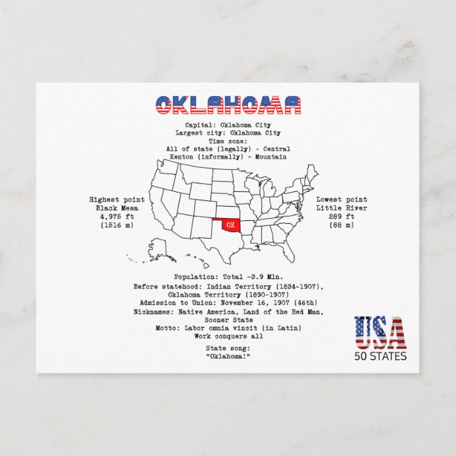 Cartão Postal De Festividades Oklahoma. O estado dos Estados Unidos de Americ (Frente)