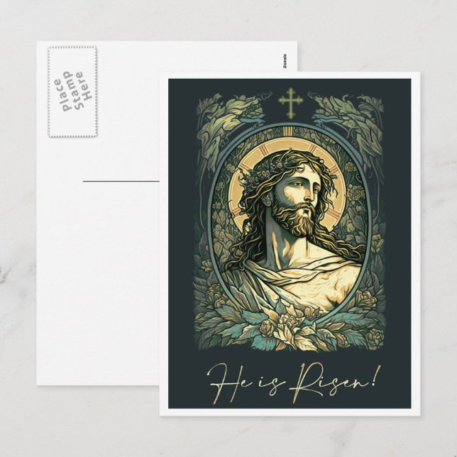 Cartão Postal De Festividades Olá, Risen! Art Nouveau Jesus Páscoa de pintura (Frente/Verso)