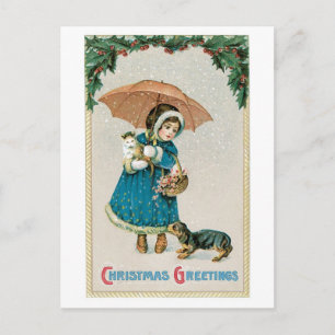Cartão Postal De Festividades Old-fashioned Christmas, Girl with Cat and Dog