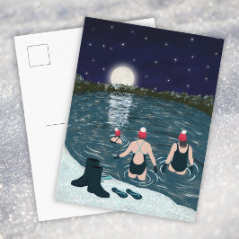 Cartão Postal De Festividades Open water swimming in a lake with snow Christmas