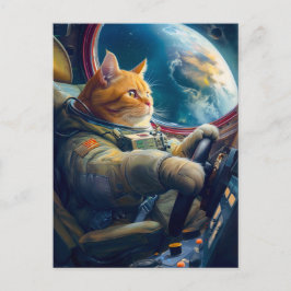 Cartão Postal De Festividades Orange cat piloting spacecraft in orbit