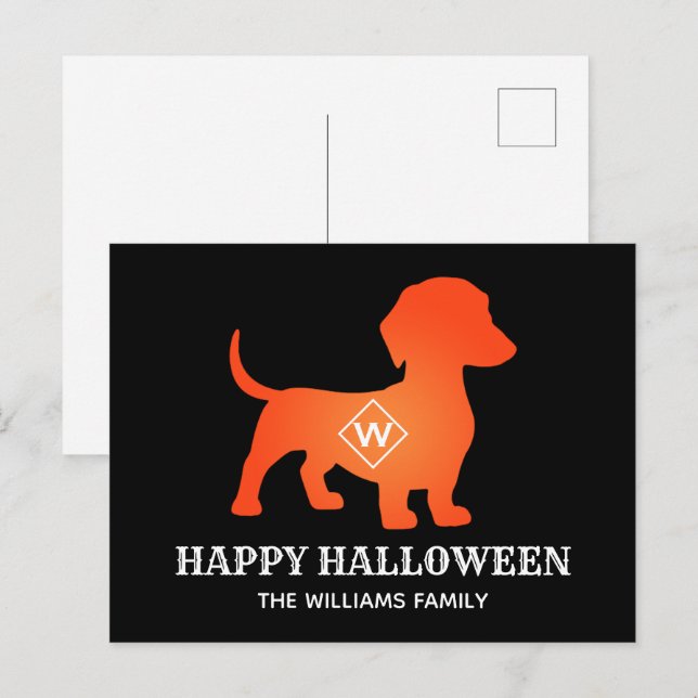 Cartão Postal De Festividades Orange Dachshund Happy Halloween Family (Frente/Verso)