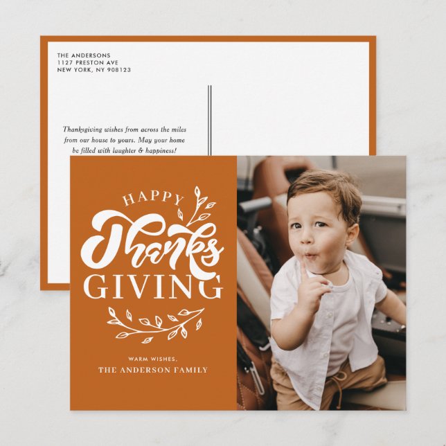 Cartão Postal De Festividades Orange Foliage Wreath Photo Happy Graças (Frente/Verso)