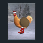 Cartão Postal De Festividades Orange Rooster Santa Claus<br><div class="desc">o pai natal ganhou uma galinha bonitinha como ajudante este ano - alegremente marchando com botas vermelhas e chapéu através da neve no inverno</div>