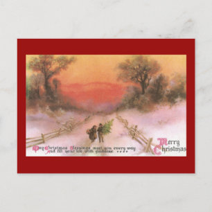 Cartão Postal De Festividades Orangey Sunset Sobre Snowy Lane Vintage Xmas