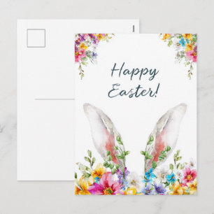 Cartão Postal De Festividades orelhas de coelho da páscoa espiando fora das flor