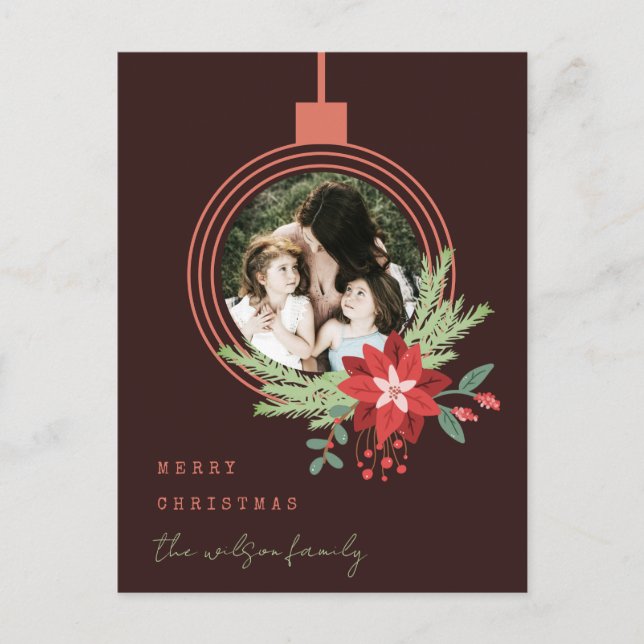 Cartão Postal De Festividades Ornament Photo Poinsettia Brown Feliz Natal (Frente)