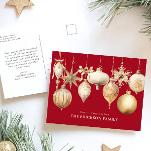 Cartão Postal De Festividades Ornamentos Dourados de Molas de Água de Natal Red