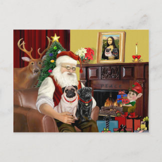 Cartão Postal De Festividades Os 2 Pug de Papai Noel (fawn + preto)