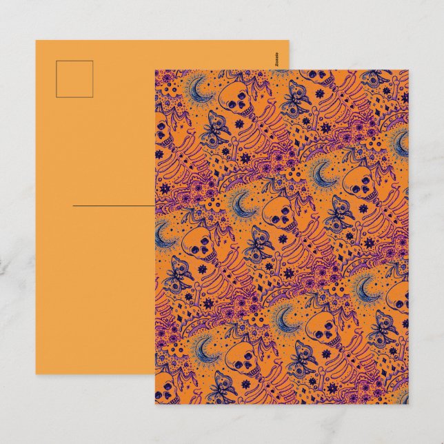 CARTÃO POSTAL DE FESTIVIDADES OSSOS NO ESQUELETO DE JARDIM, LUA DE ARTE FOLK, BO (Frente/Verso)