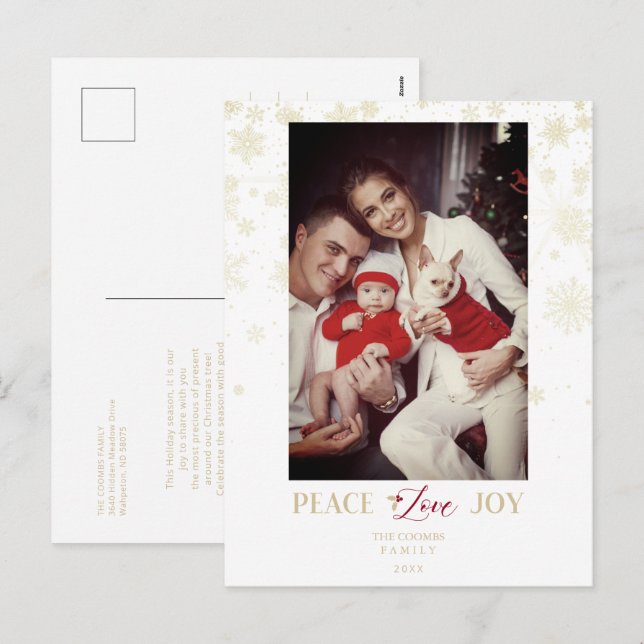 Cartão Postal De Festividades Ouro de Natal Flocos de Neve e Foto Holly Personal (Frente/Verso)