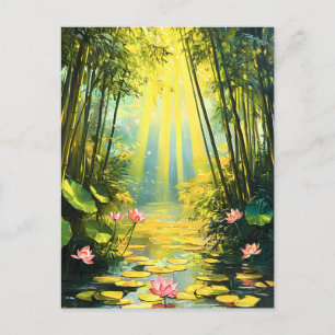 Cartão Postal De Festividades Ouro Lotus Bamboo Forest Watercolor