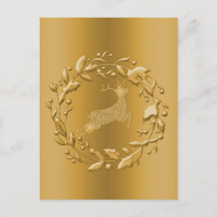 Cartão Postal De Festividades Ouro Reindeer e Wreath no Natal
