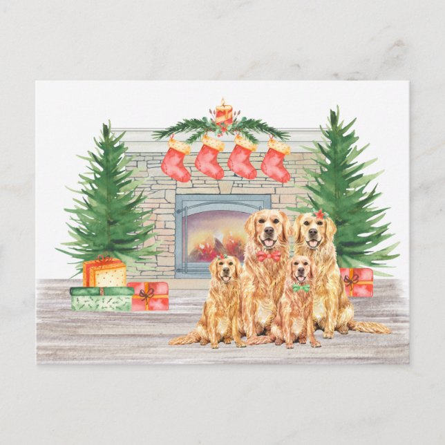 Cartão Postal De Festividades Ouro Retriever Cachorro Durante o Natal (Frente)
