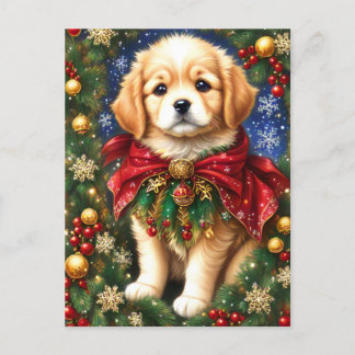 Cartão Postal De Festividades Ouro Retriever Puppy Árvore de Natal Flocos de Nev