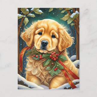 Cartão Postal De Festividades Ouro Retriever Puppy Festivo Holly