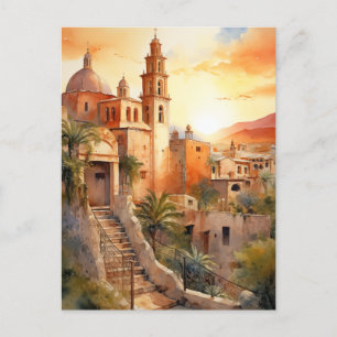 Cartão Postal De Festividades Ouro sunset sobre uma aldeia colonial mexicana