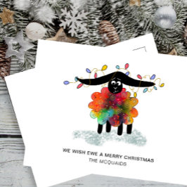 Cartão Postal De Festividades Ovelha Bonita com Luzes de Natal