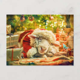 Cartão Postal De Festividades Ovelhas dormindo sob as luzes das árvores de Natal