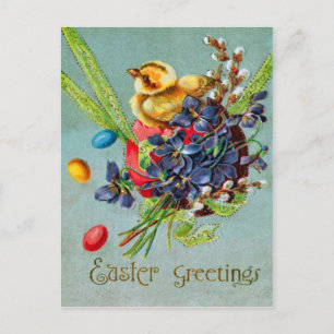 Cartão Postal De Festividades Ovo Colorido de Pintinho de Páscoa Íris Roxa