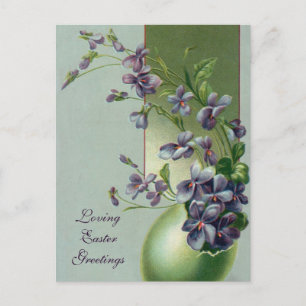 Cartão Postal De Festividades Ovo de Páscoa com Flores Roxas Vintage