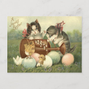Cartão Postal De Festividades Ovo Pintado de Páscoa com Gatinho e Pintinho