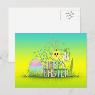 Cartão Postal De Festividades Ovo, Pintinho e queda de neve, Felz pascoa colorid