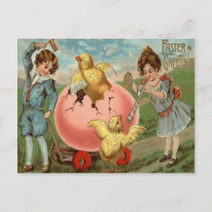 Cartão Postal De Festividades Ovos Coloridos de Páscoa de Crianças Vitorianas