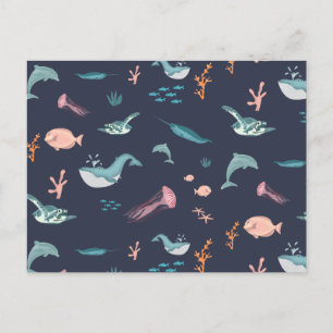 Cartão Postal De Festividades Padrão Azul de Animais do Mar do Oceano de Aquarel