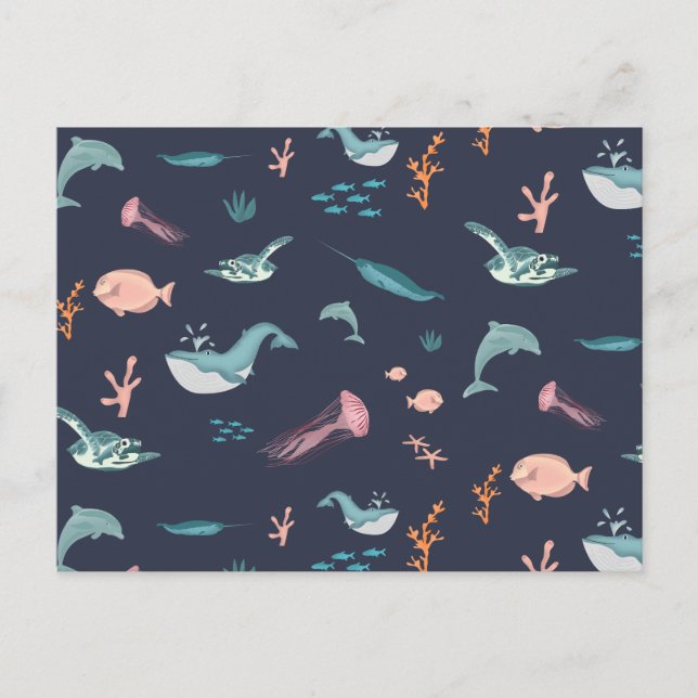 Cartão Postal De Festividades Padrão Azul de Animais do Mar do Oceano de Aquarel (Frente)