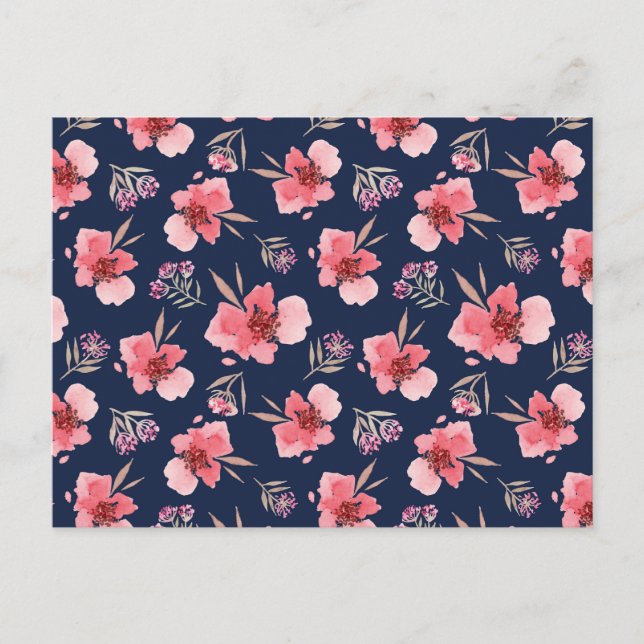 Cartão Postal De Festividades Padrão de Aquarela Rosa Escuro (Frente)