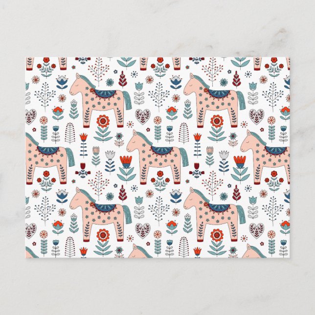 Cartão Postal De Festividades Padrão de Arte Folclórica de Cavalos Escandinavos (Frente)