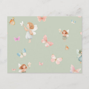 Cartão Postal De Festividades Padrão de Fada Pastel Design de Berçário Borboleta