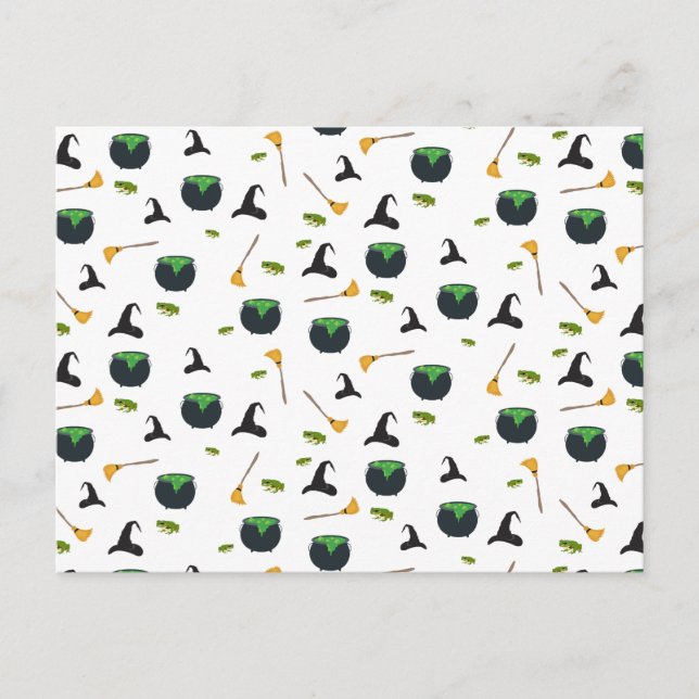 Cartão Postal De Festividades Padrão de Halloween da Bruxa Broom Caldron (Frente)