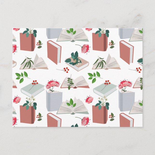 Cartão Postal De Festividades Padrão de Leitura de Livros Botânicos e Biblioteca (Frente)