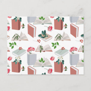 Cartão Postal De Festividades Padrão de Leitura de Livros e Biblioteca Botânica