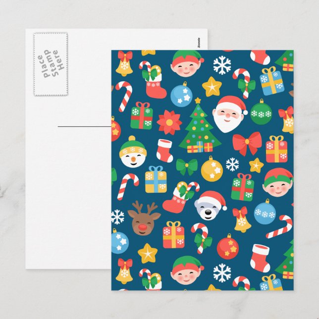 Cartão Postal De Festividades Padrão de Natal animado em azul (Frente/Verso)